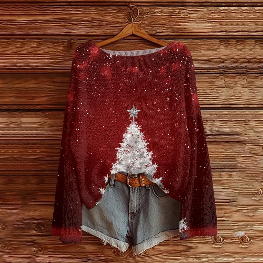 Women's Christmas Print Lightweight Sweater, Casual Long Sleeve Knit Pullover for Holiday