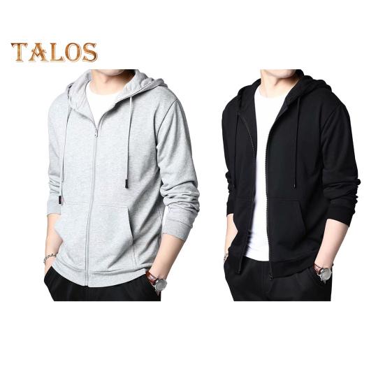 Spring Auutmn Men Coat Hooded Drawstring Zipper Closure Solid Color Elastic Cuffs Loose Sport Coat Thick Plush Outerwear for Various Occasions