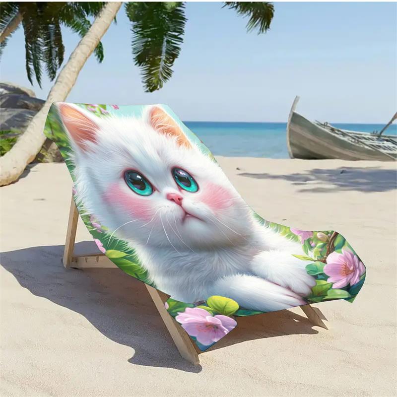 1PC  Cute White Cat Print Beach Towel, Quick Dry Sand Free Oversized Towel