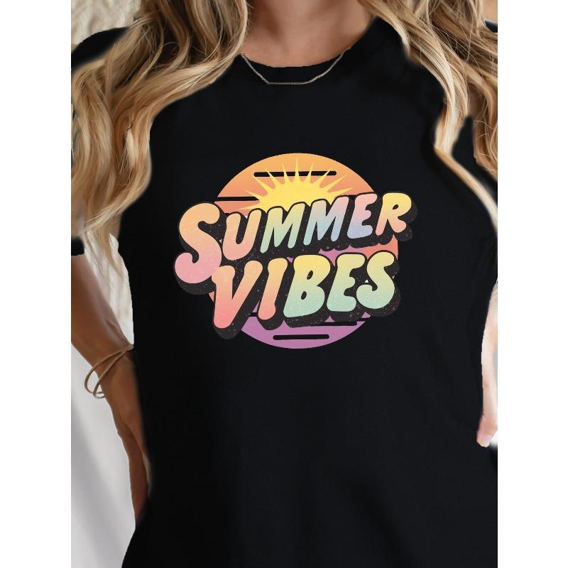 European Size Summer Vibes Print Crew Neck T-Shirt, Casual Short Sleeve T-Shirt For Spring & Summer, Women's Clothing
