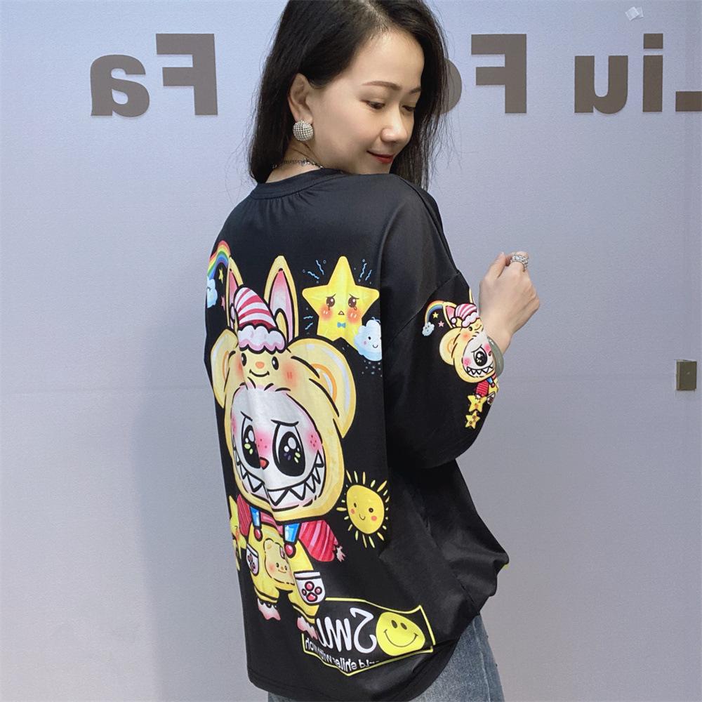 Plus Size Short Sleeve T Shirts Women Summer Clothing Embroidered Flares Cartoon Printed Diamonds Casual Loose O Neck Knitwear