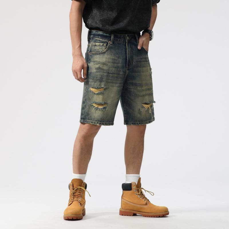 

Летние Новые Ретро Старые Рваные Джинсовые Шорты Мужские Свободные Прямые Брюки Пятиточки 40