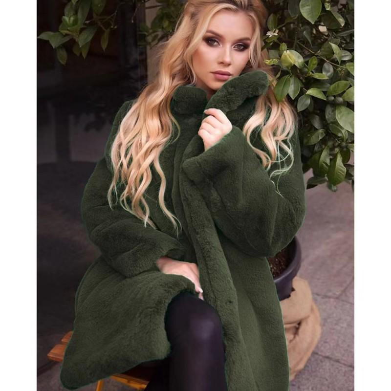 Womens Faux Fur Coat Stand Collar Winter Mid-Length Streetwear Light Luxury Outerwear