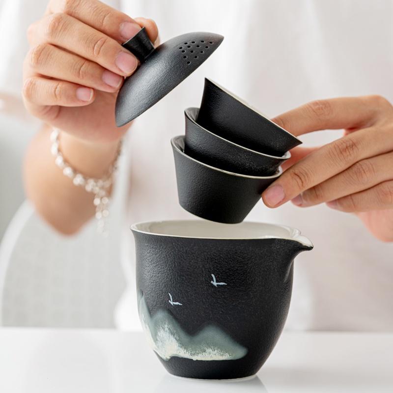 Kung Fu Tea Set Ceramic Quick Tea Cup One Pot Three Cups Portable with Bag
