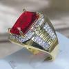 Vintage King Ring Gold Filled AAAAA CZ Red Zircon Luxury Engagement Jewelry Wedding Rings For Men Rock Party Finger Ring