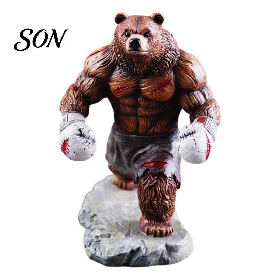 White Bear Sculpture Resin Boxing Figurine, Muscle Statue for Desk Decor, Brown Office and Home
