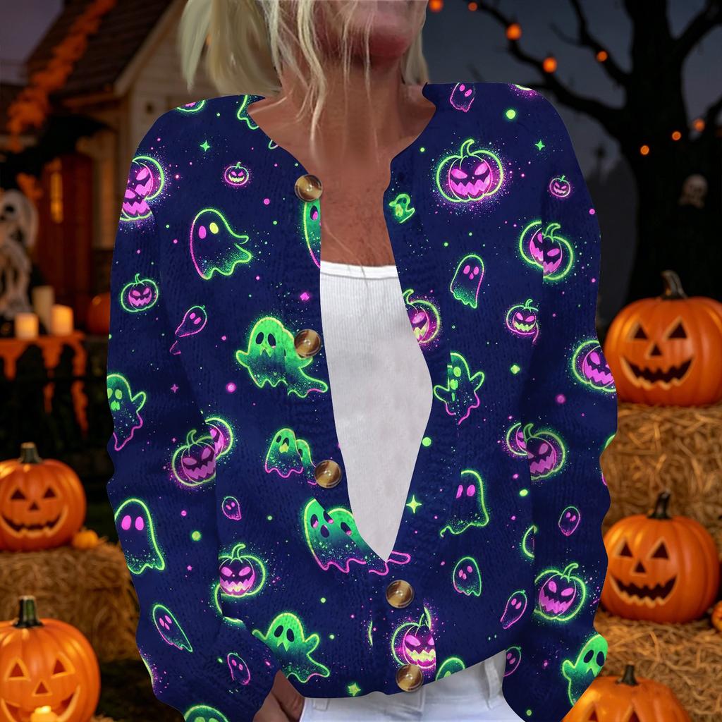 Women's Halloween Print Long Sleeve Knit Cardigan Button Up Sweater Coat Lightweight Comfortable Fit Seasonal Outerwear