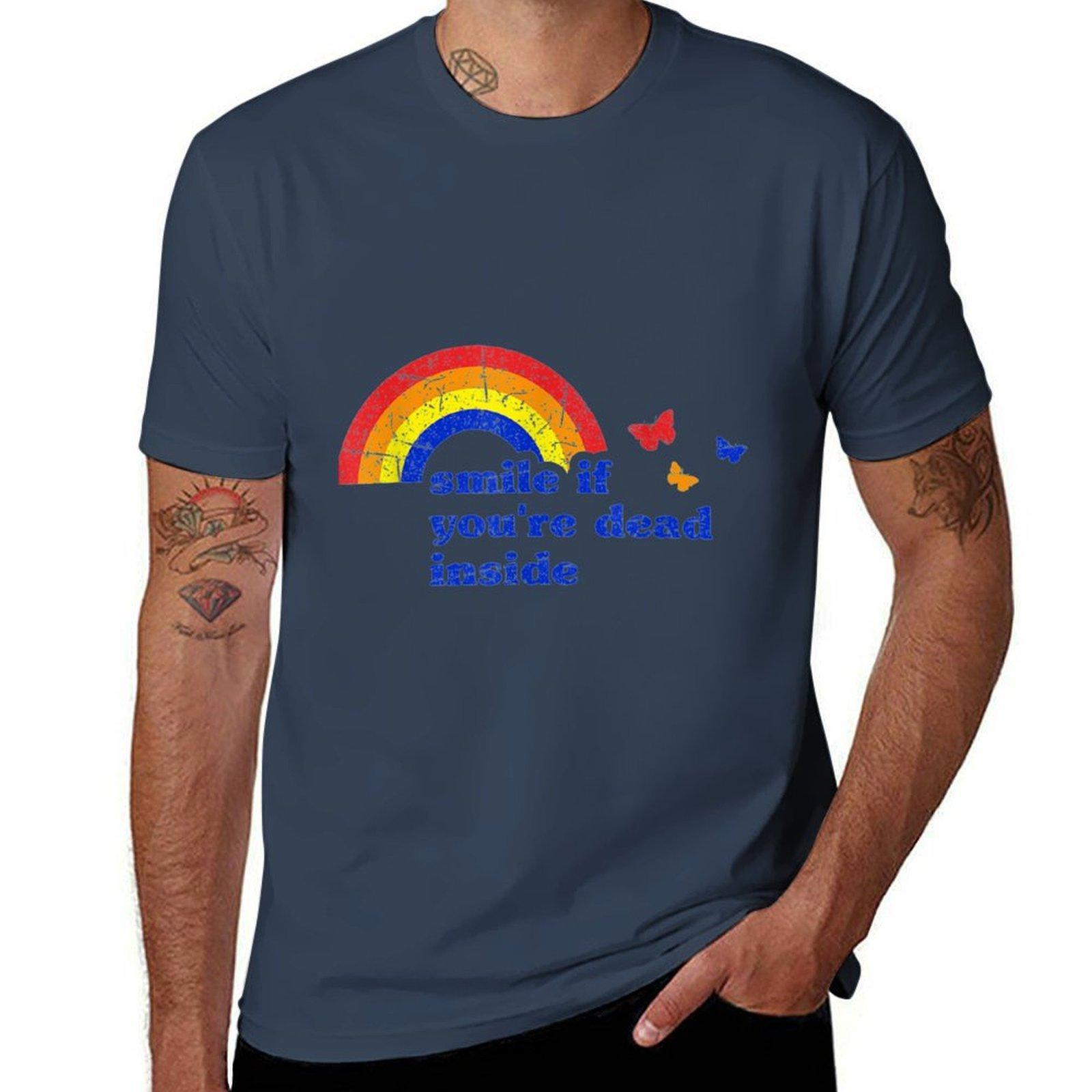 Smile if Youre Dead Inside Rainbow Vintage Dark Humor TShirt Everyday Wear Basic Short Sleeve Top S