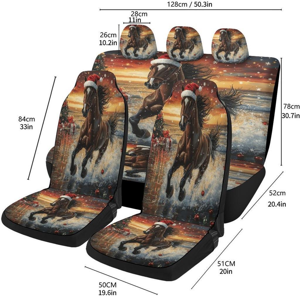 Set Of Car Seat Covers Featuring A Christmas Horse And Sunset Theme, Suitable For Various Vehicles. Stylish And Durable, This Co