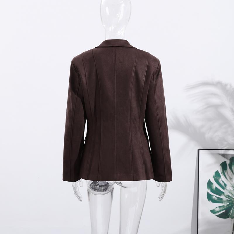 Dark Brown Suede Laplel Jacket Women's Warm Long Sleeve Commute Outerwear Retro British Style Temperament Jacket Autumn 2025