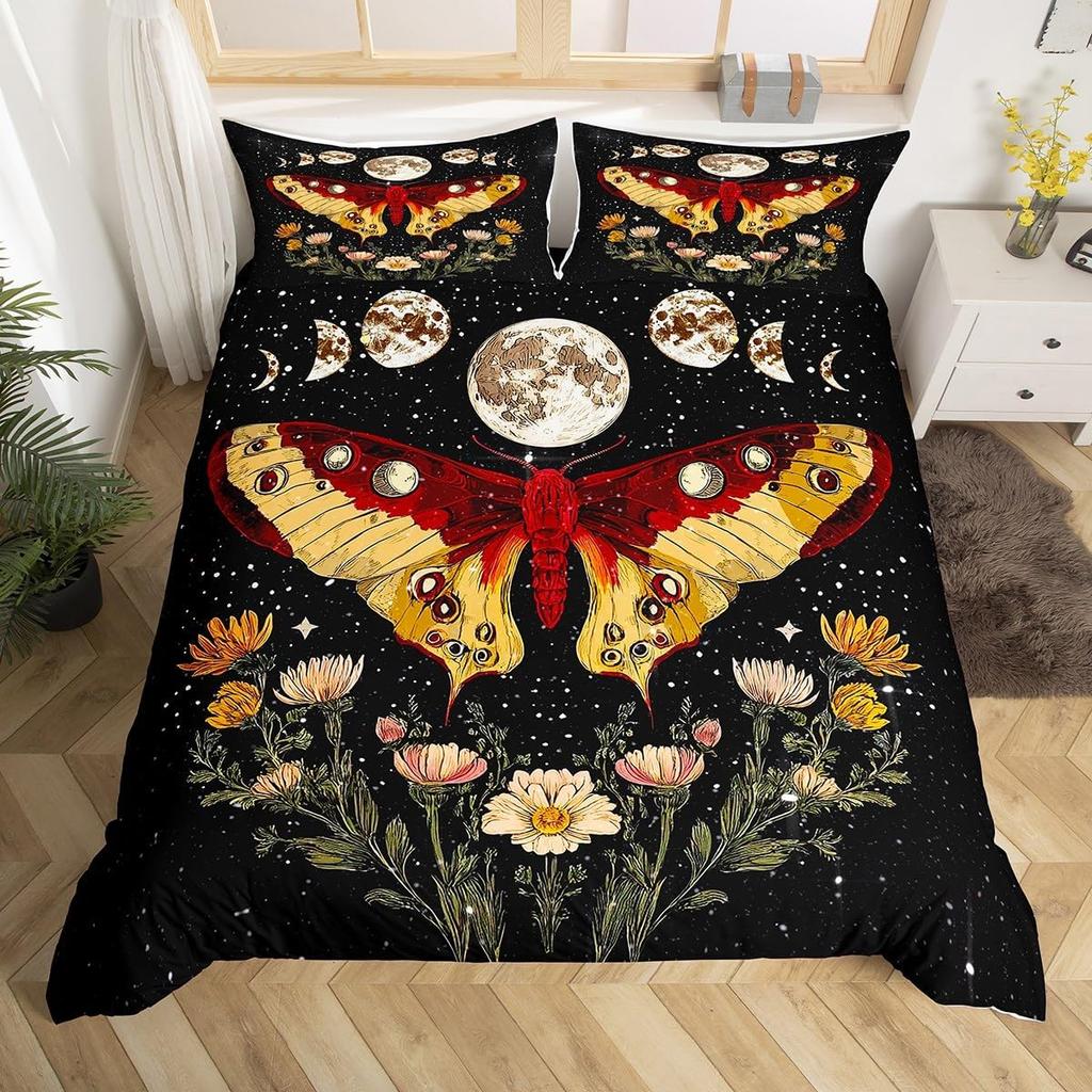Gothic Moth Duvet Cover, Butterfly Bedding Set Full Queen Flower Weed Botanical Comforter Cover Psychedelic Galaxy Quilt Cover