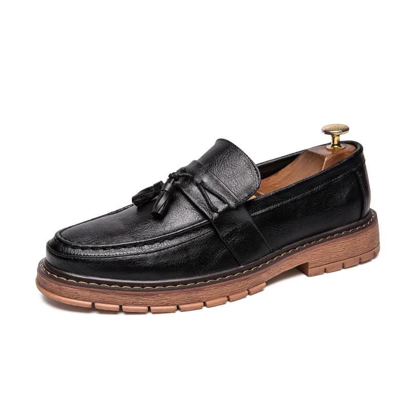 

slip- thick soled casual leather shoes British retro round head handmade leather fringe lazy loafers men 2026 38