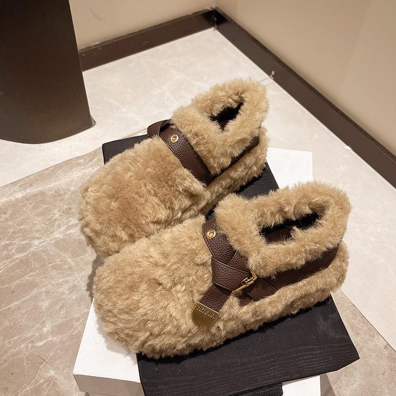 

Mao Mao shoes women s outer wear 2025 new autumn and winter imitation lamb wool thickened flat-bottomed lazy one-pedal women s shoes cotton shoes 40 абрикосовый