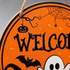 Halloween Wooden Hanging Sign Welcome Door Plaque Wall Decoration with Pumpkin Ghost Black Cat Bat Spider Web Theme for Party Home Craft