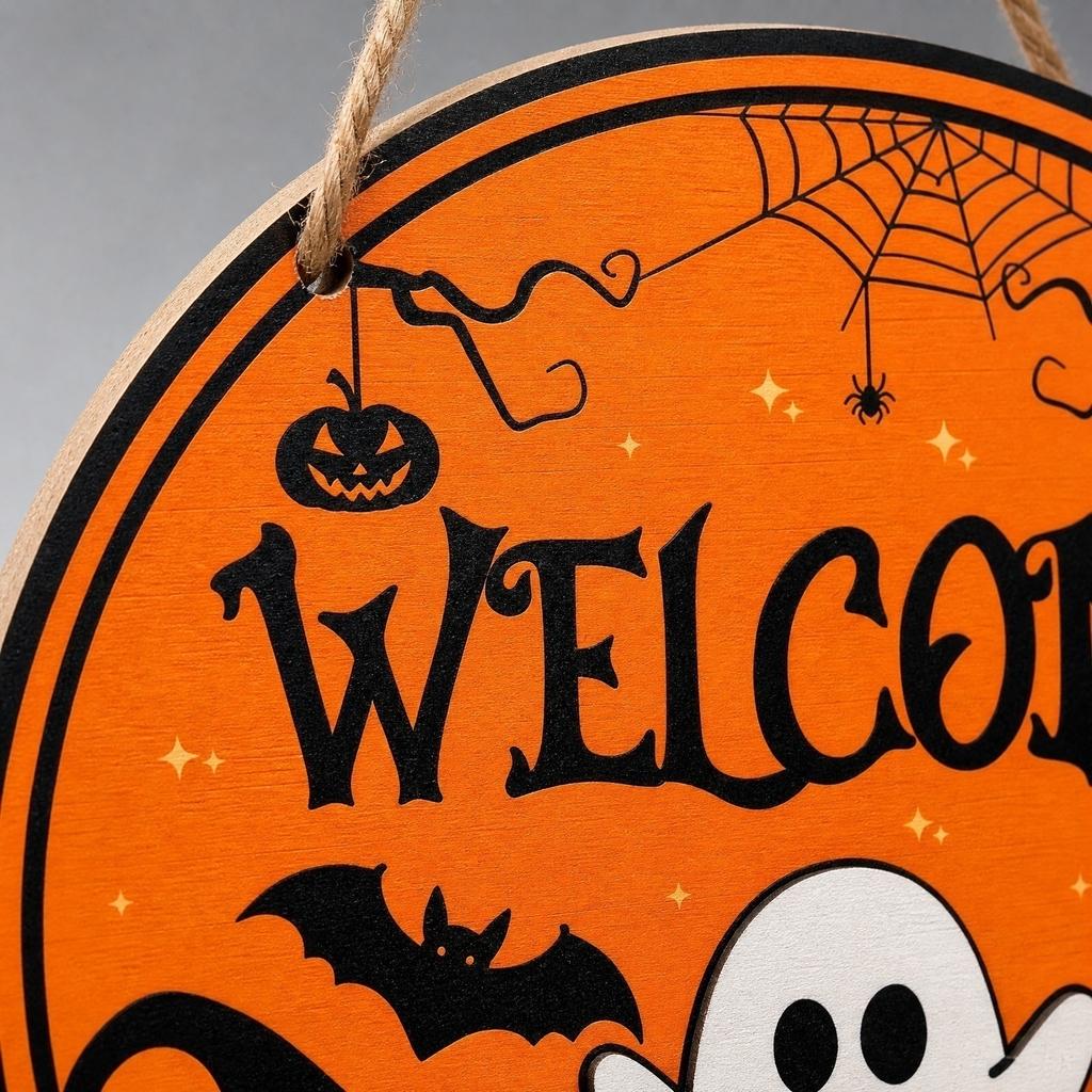 Halloween Wooden Hanging Sign Welcome Door Plaque Wall Decoration with Pumpkin Ghost Black Cat Bat Spider Web Theme for Party Home Craft