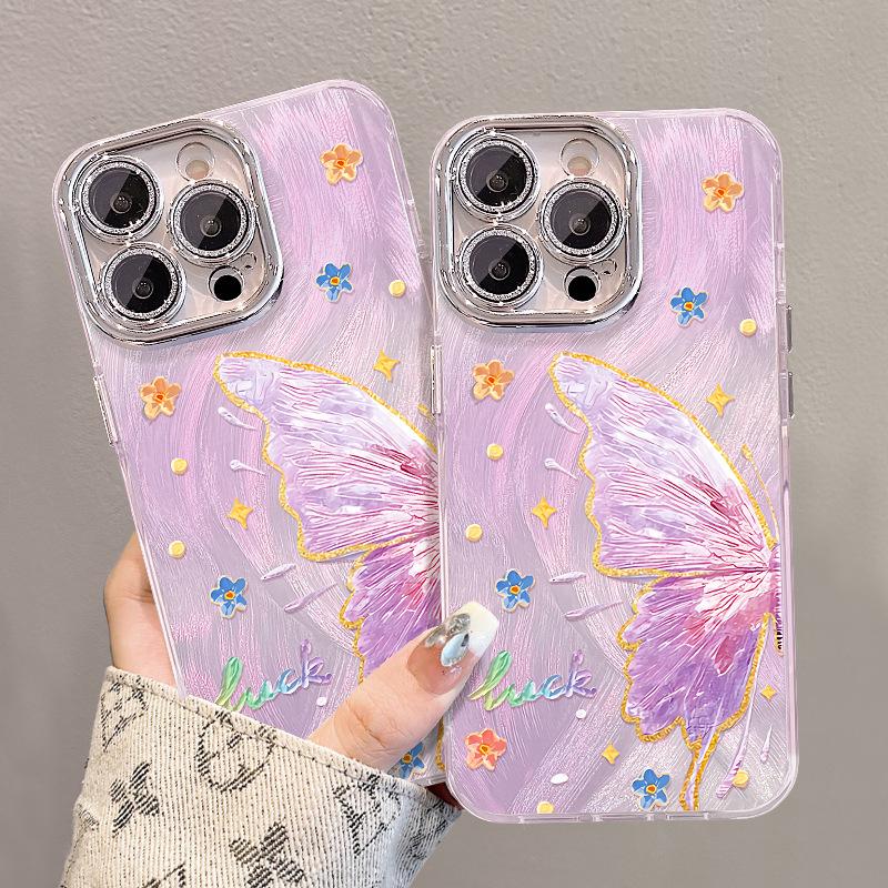 Oil painting butterfly chain is suitable for Apple 17 feather yarn mobile phone case iphone15promax new women's 16 Xiaomi 14.