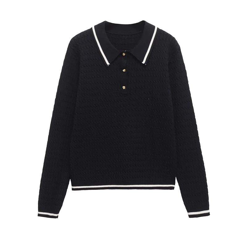 Spring New Women's Clothing Preppy Style Contrast Color Trim Minimalist Long Sleeve Polo Shirt Collar Sweater 6771055