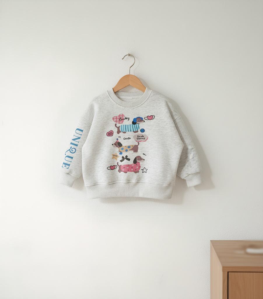 Kids' Cute Dachshund Cartoon Hoodie - Round Neck, Plus Velvet, Autumn/Winter Pullover for Boys and Girls