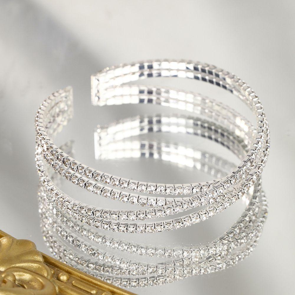 Multi Rows Zircon Crystal Cuff Bracelet Silver Color Open Bangle Jewelry For Wedding