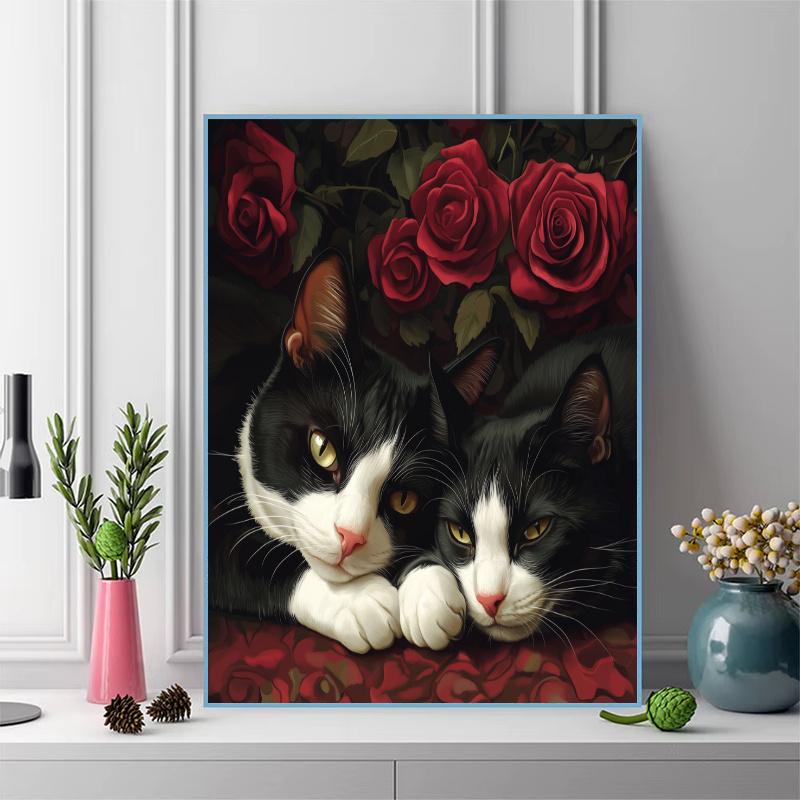 Tuxedo cat and flowers Pattern 3pcs 100% Round Full Drill 5D DIY Diamond Painting Embroidery Cross Stitch Rhinestone Décor