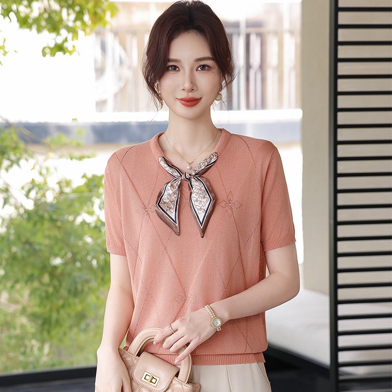 

2026 Stylish Ice Silk Short-Sleeve Tops for Middle-Aged Women - Summer Cardigan & Thin T-Shirt 3XL [Recommended for 140-160 lbs]