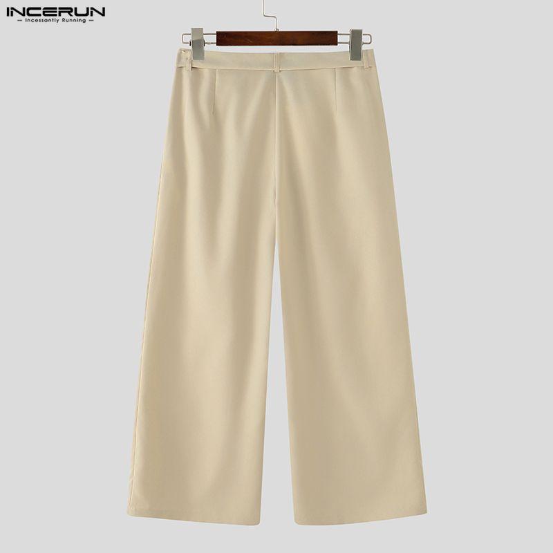 INCERUN Men's Zip-up Waist Casual Pleated Trousers Loose Wide Leg Pants with Belt Slacks