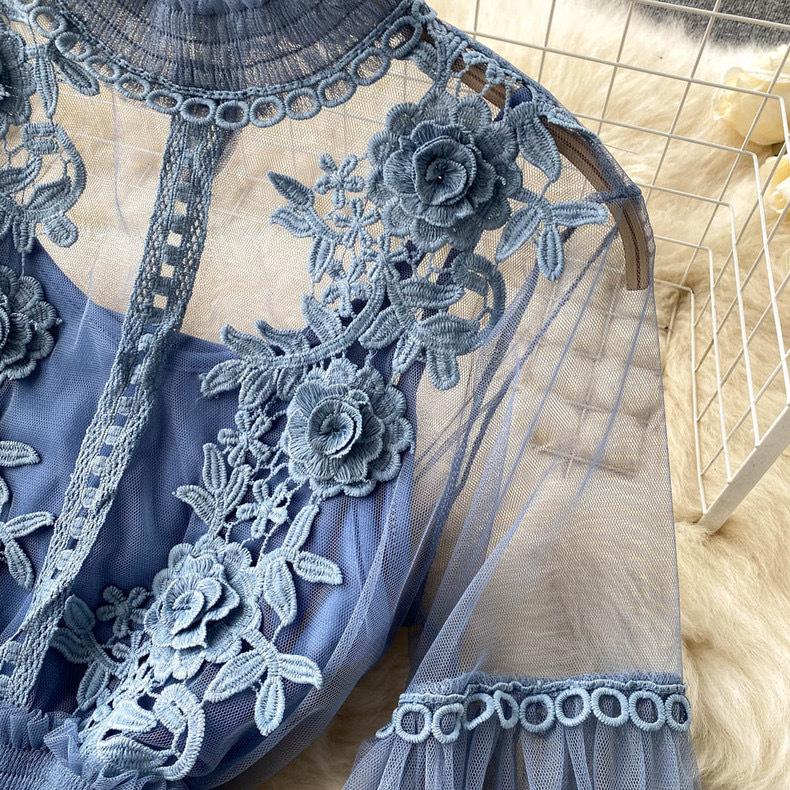 Women's Dress Three-dimensional Flowers Mesh Temperament Collar Lantern Sleeve High-waisted Dresses