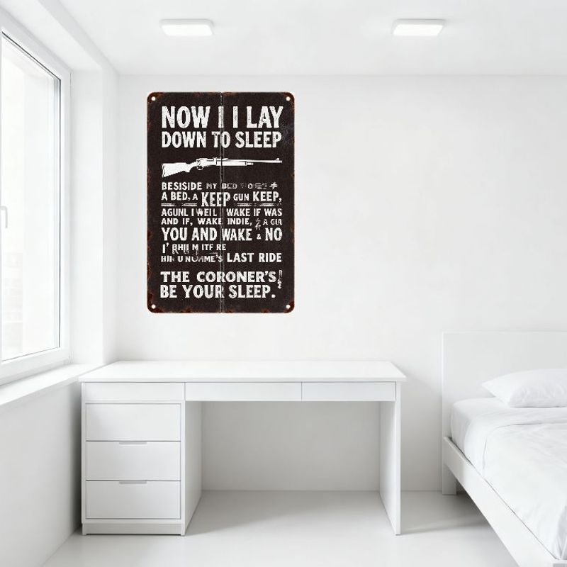 Vintage Rusty Metal Sign 'Now I Lay Down To Sleep' with Rifle & Distressed Text, Retro Humorous Satirical Wall Decor for Man Cav