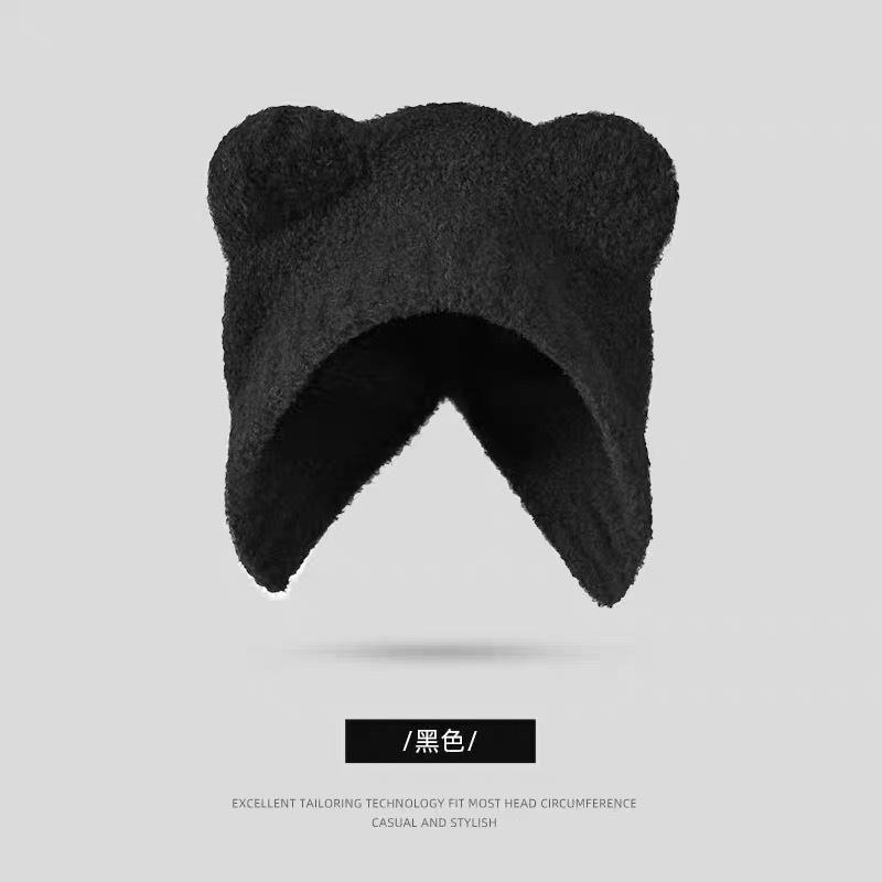 Autumn and winter cute bear female plush headgear warm face small knitted wool hat big head circumference ear protection hat