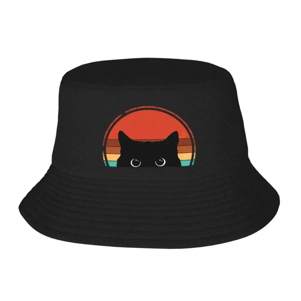 Black Cat Peeking Sunset Vintage Bucket Hat F hiking hat Golf Hat Unisex Womens