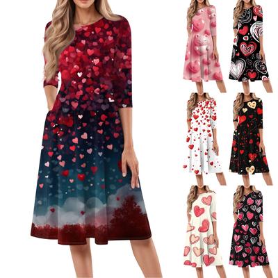 Lässiges und modisches Damenkleid mit Rundhalsausschnitt, sieben Viertelärmeln, bedruckt, mittellang