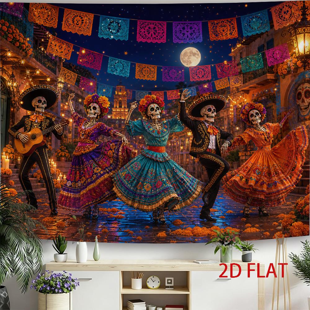 2D Flat, 1pc Day of the Dead Tapestry - Wall Hanging with Skeleton Dancer & Dia De Los Muertos Banner, Horizontal Polyester Decor Suitable for Home,