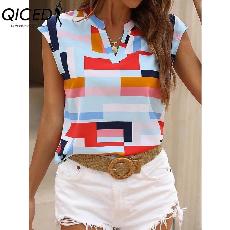 QICED Women's Fashion Casual Short Sleeve V Neck Blouses & Shirts