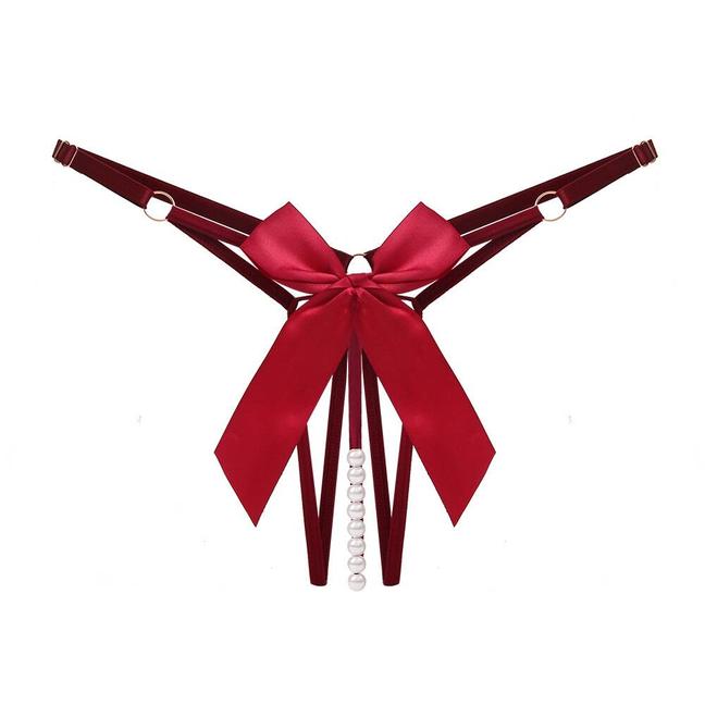 Erotic Lingerie Sexy Pearl Bow Thong Crotchless Triangles Strappy G-Strings Underwear
