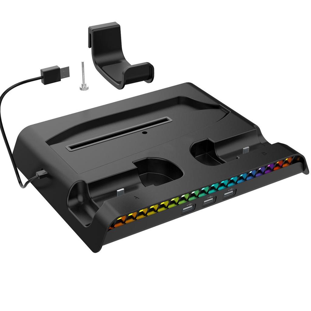 PS5 PRO/Slim RGB Cooling Station: Console Stand, Controller Charger, Disc Storage & Headset Rack