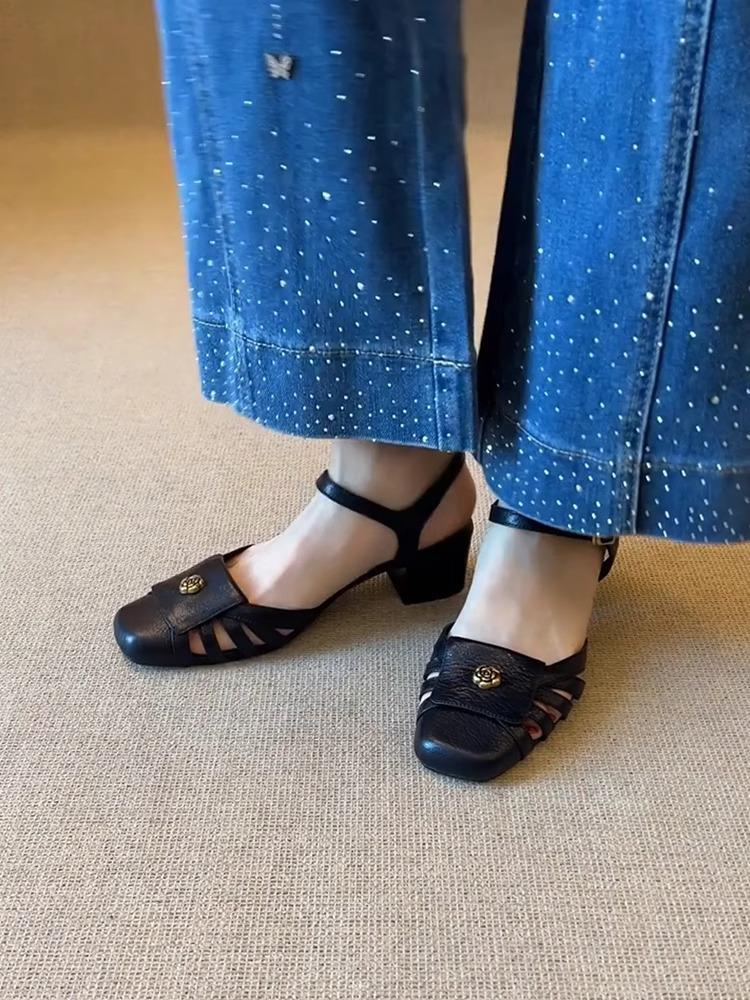 

Soft leather version~ Black thick heel hollow breathable Roman shoes women s word with square head camellia retro leather sandals 40 чёрный