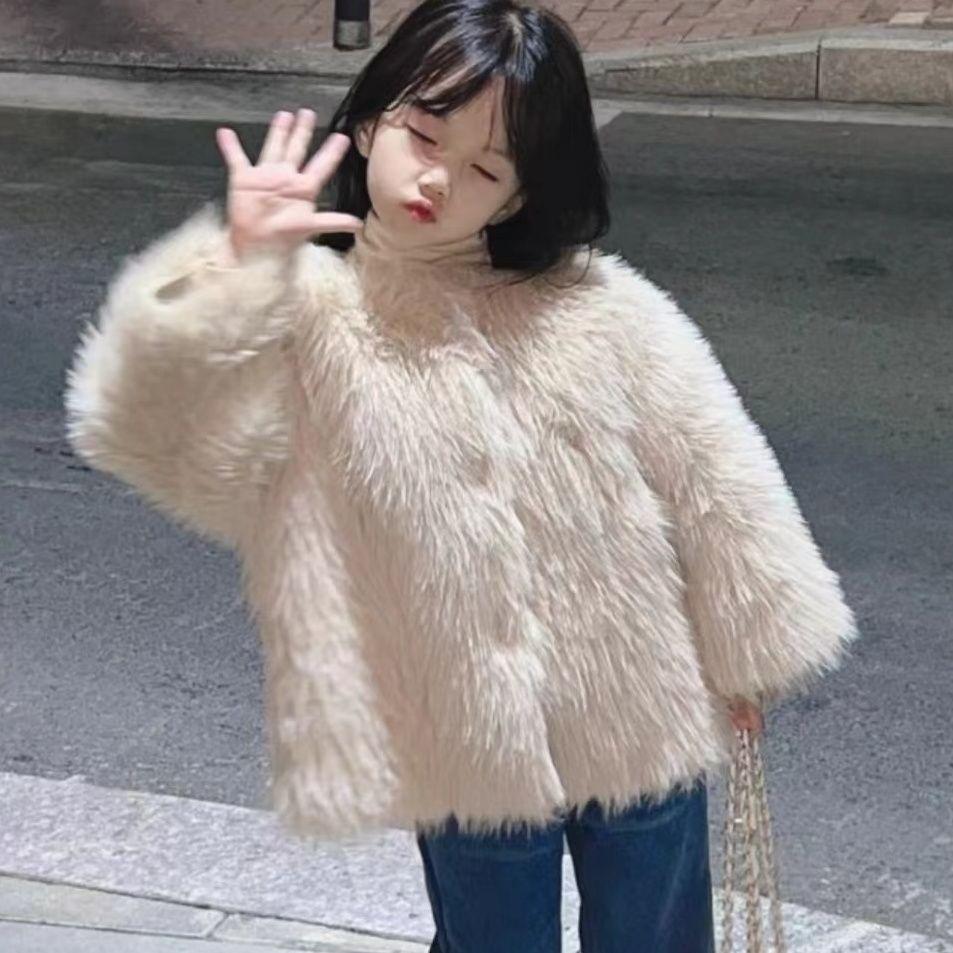 Autumn Winter Children's Fur Coat Girls Versatile Baby Solid Color Round Neck Fur Top Round Collar