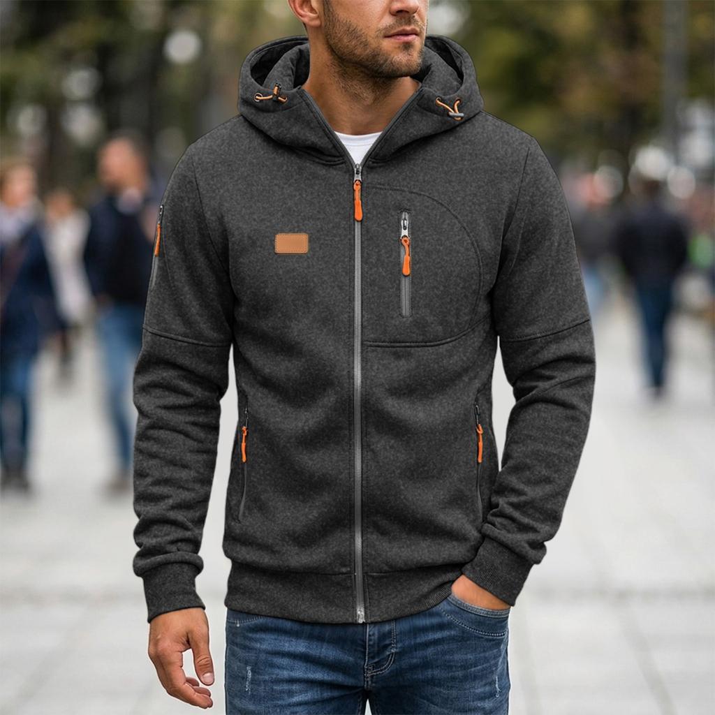 Men's Zip-Up Hoodie with Multiple Pockets, Casual Long Sleeve Sweatshirt