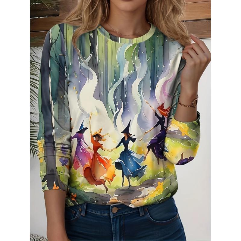 Vintage Women's Long Sleeve T-shirts Halloween Theme Witch Pattern Streetswear Polyester Tops Casual Pullover Women's Clothing