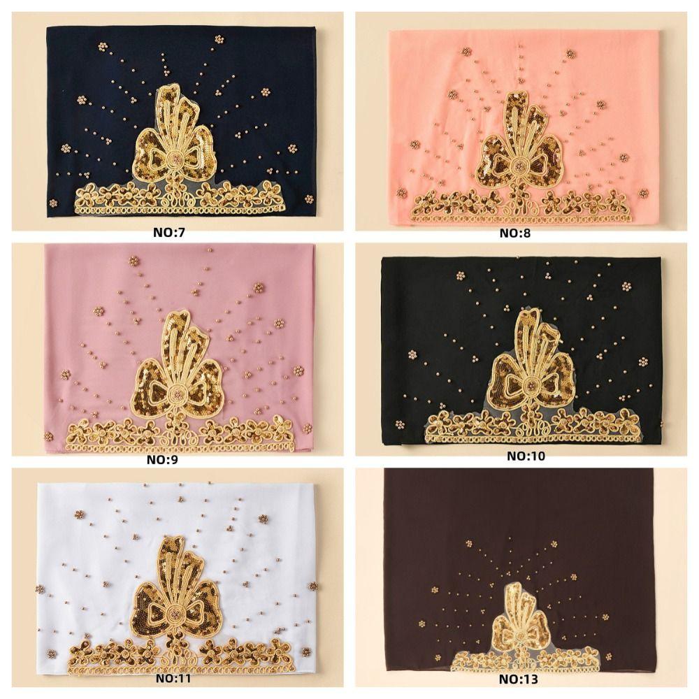 Gold Beads Islamic Turban Long Women Headscarf Fashion Pearl Chiffon Hijab Scarf  Ladies Turban