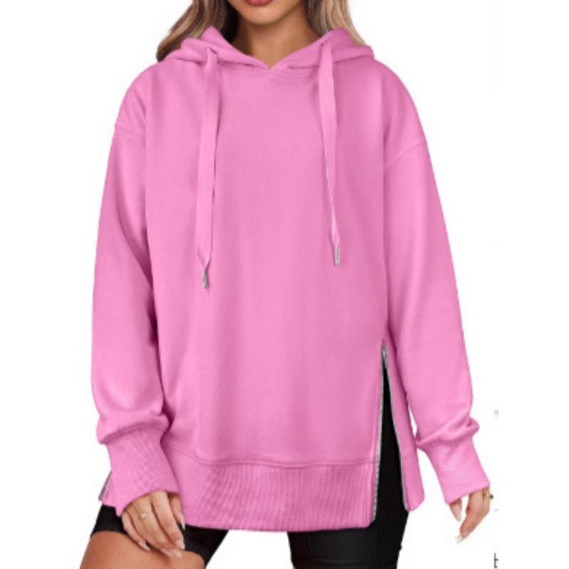 Spring Autumn Solid Color Loose Casual Pullover Hoodies Women Slit All-match Hooded Sweatshirt Top