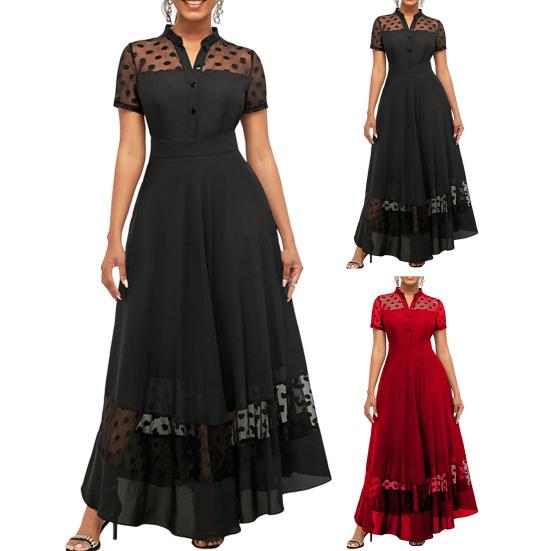 Women Summer Dress Mesh Dot Pattern V Neck Chiffon Slim Large Hem