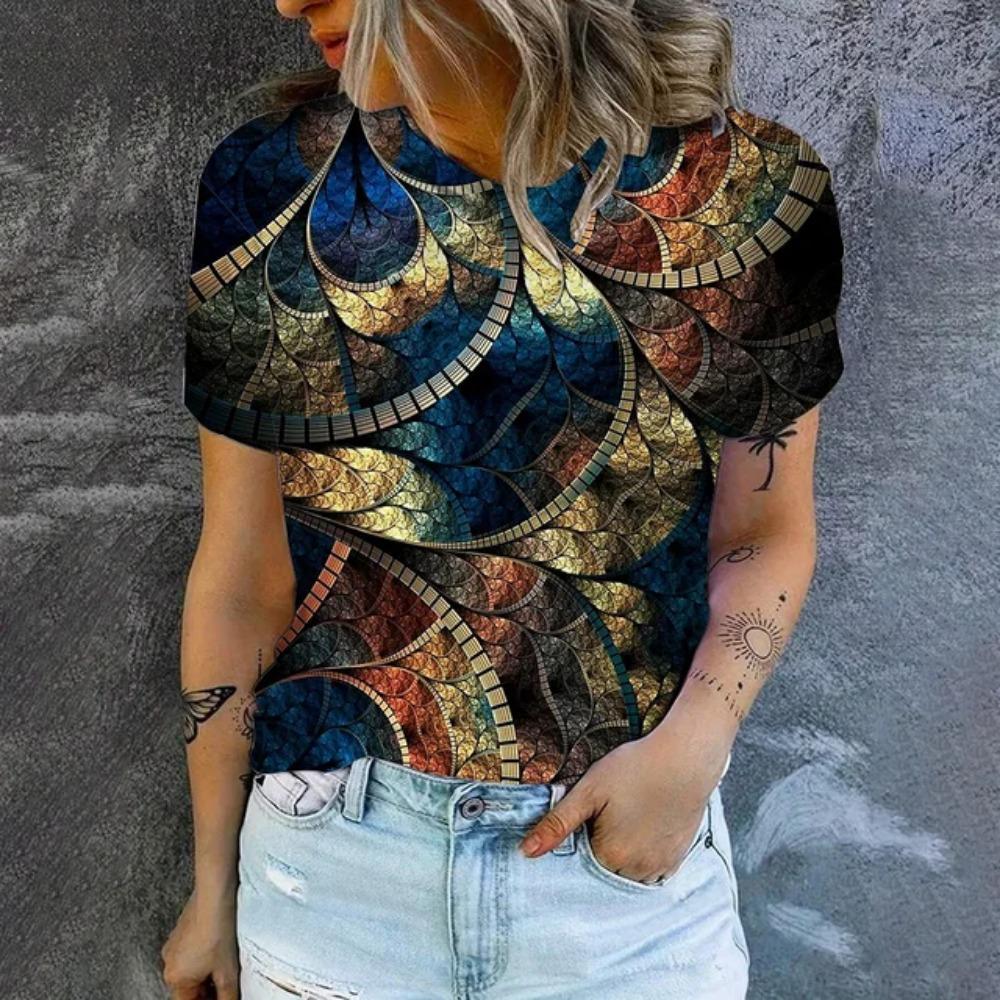 Elegant Women's T-shirt Fashion Retro Flower Pattern Print T-shirt  Women's Short Sleeved T-shirt Summer Leisure T-shirt