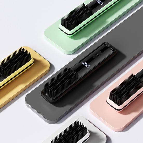 Cordless Hair Straightener Brush LCD Temperature Display Frizz Control Hair Straightening Comb USB Rechargeable Fast Heating Electric Hot Brush