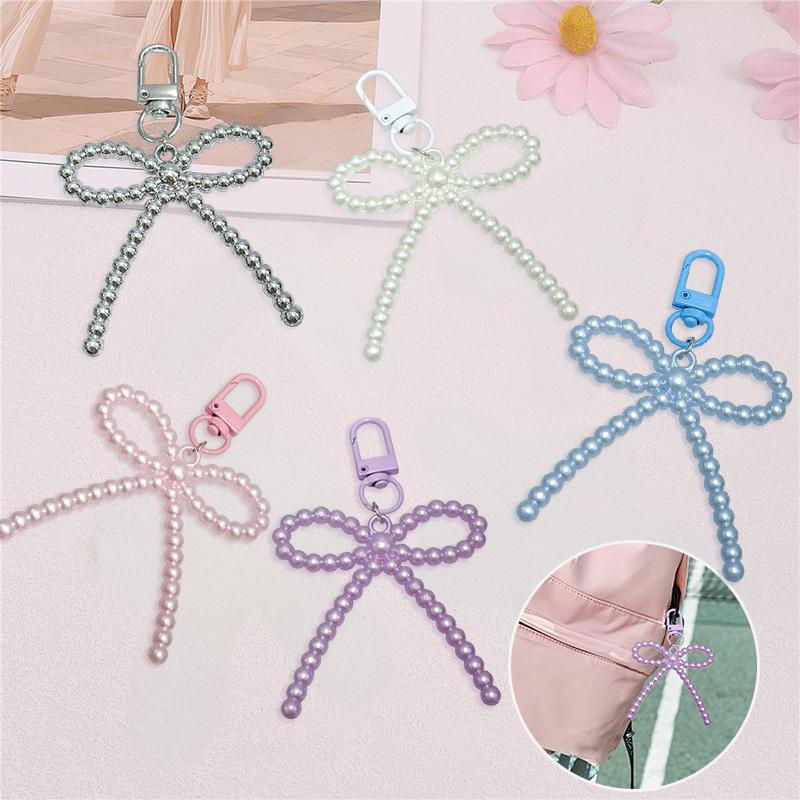 1PC Korean-Style Minimalist Phone Case Versatile Faux Pearl Dainty Keychain Trendy Bow Chic Charm Elegant 10x6cm