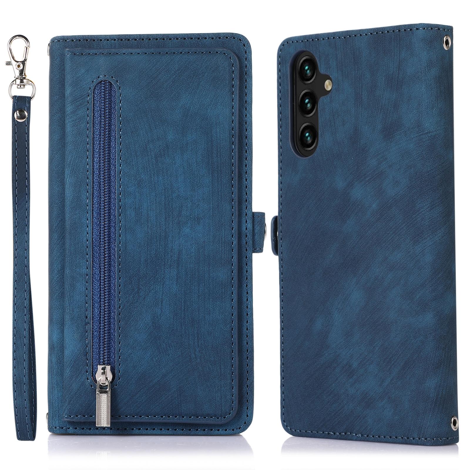

For Samsung Galaxy A25 5G (Global) (161.0 x 76.5 x 8.3mm) Case PU Leather+TPU 9 Card Slots Smart Phone Cover with Wrist Strap Blue