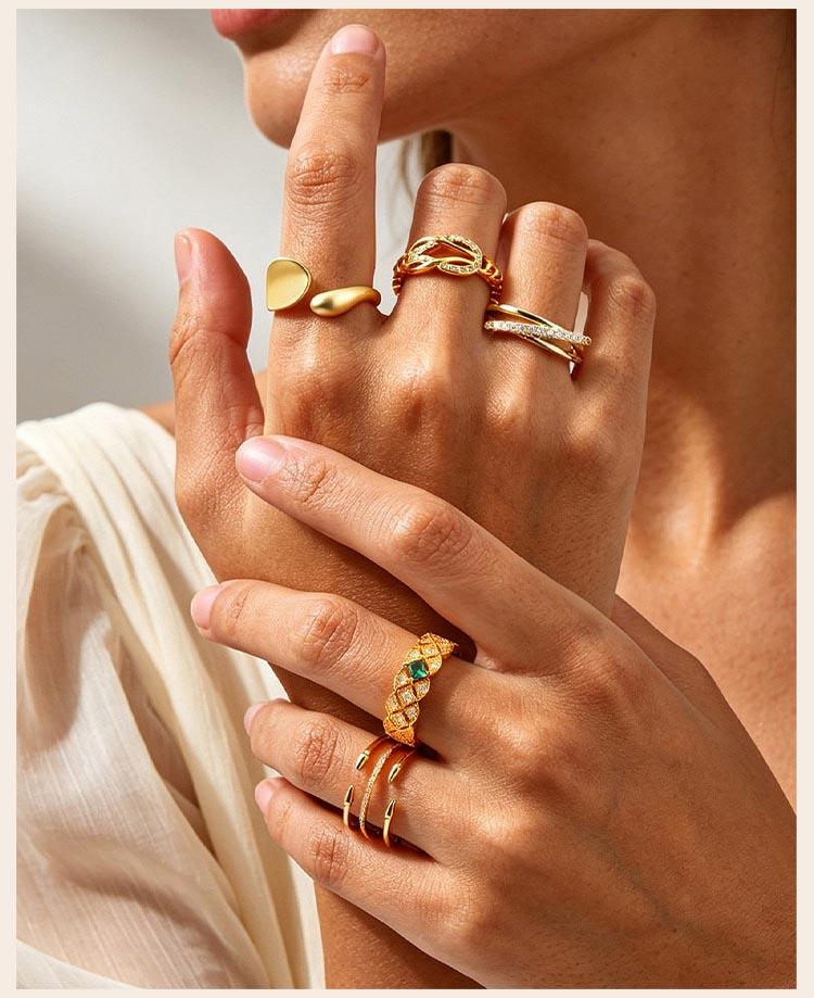 Stainless Steel Adjustable Ring for Women, 18K Gold Plated Emerald Zircon Open Cuff Band Waterproof Tarnish Free Jewelry