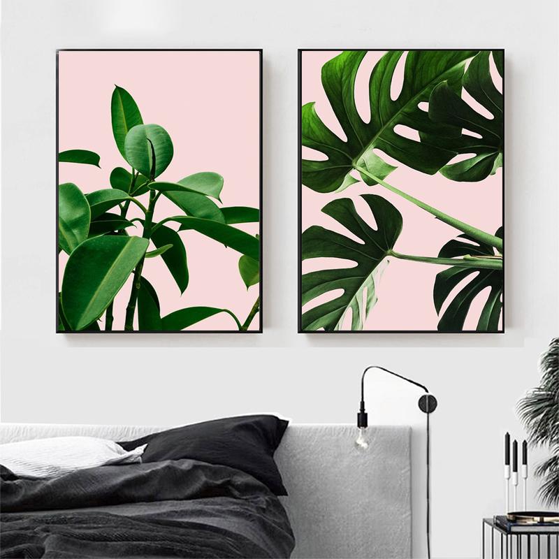 Minimalist Canvas Painting Tropical Leaves Print Nature Poster Green Fresh Pink Wall Art Decorative Pictures for Living Room