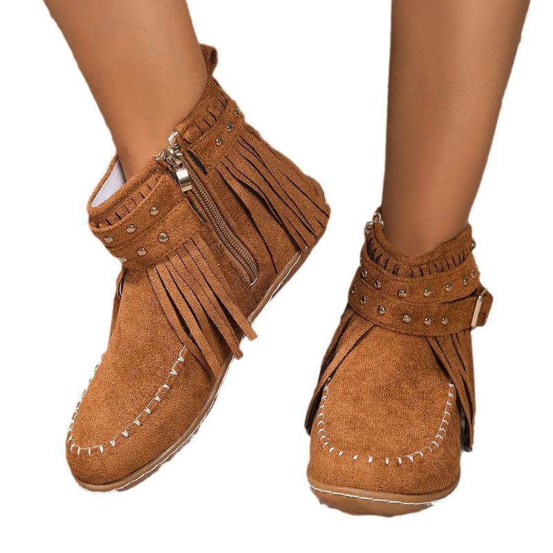 Large size rivet tassel metal buckle with short tube cigarette boots women's autumn and winter new flat bottom warm women's boots