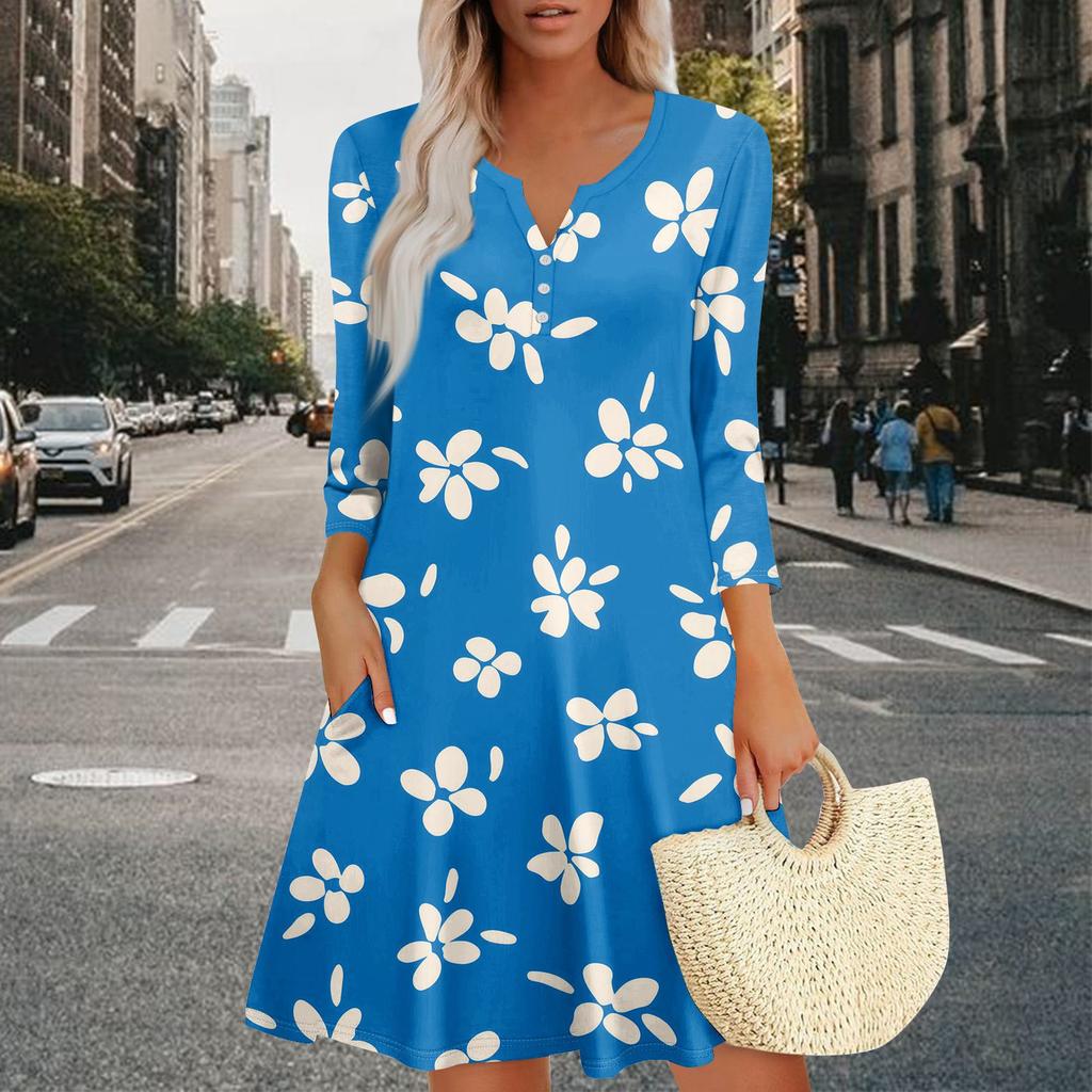 Women's Summer Dress Loose V Neck Three-quarter Sleeve Sundress With Pockets Dress